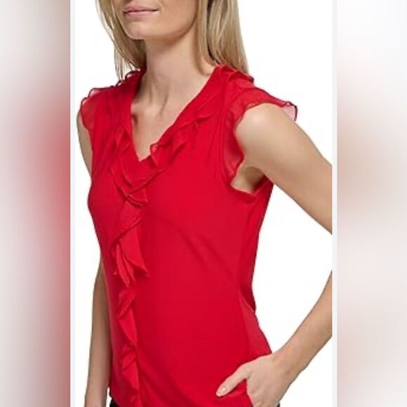 Tommy Hilfiger Red Sleeveless Ruffle Front Shirt Size S - Picture 2 of 4